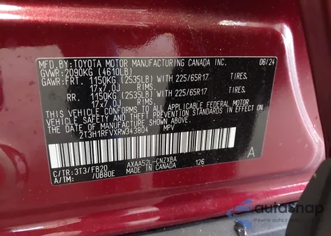 2024 Toyota Rav4 Le из США, поврежденный, VIN 2T3H1RFVXRW343804